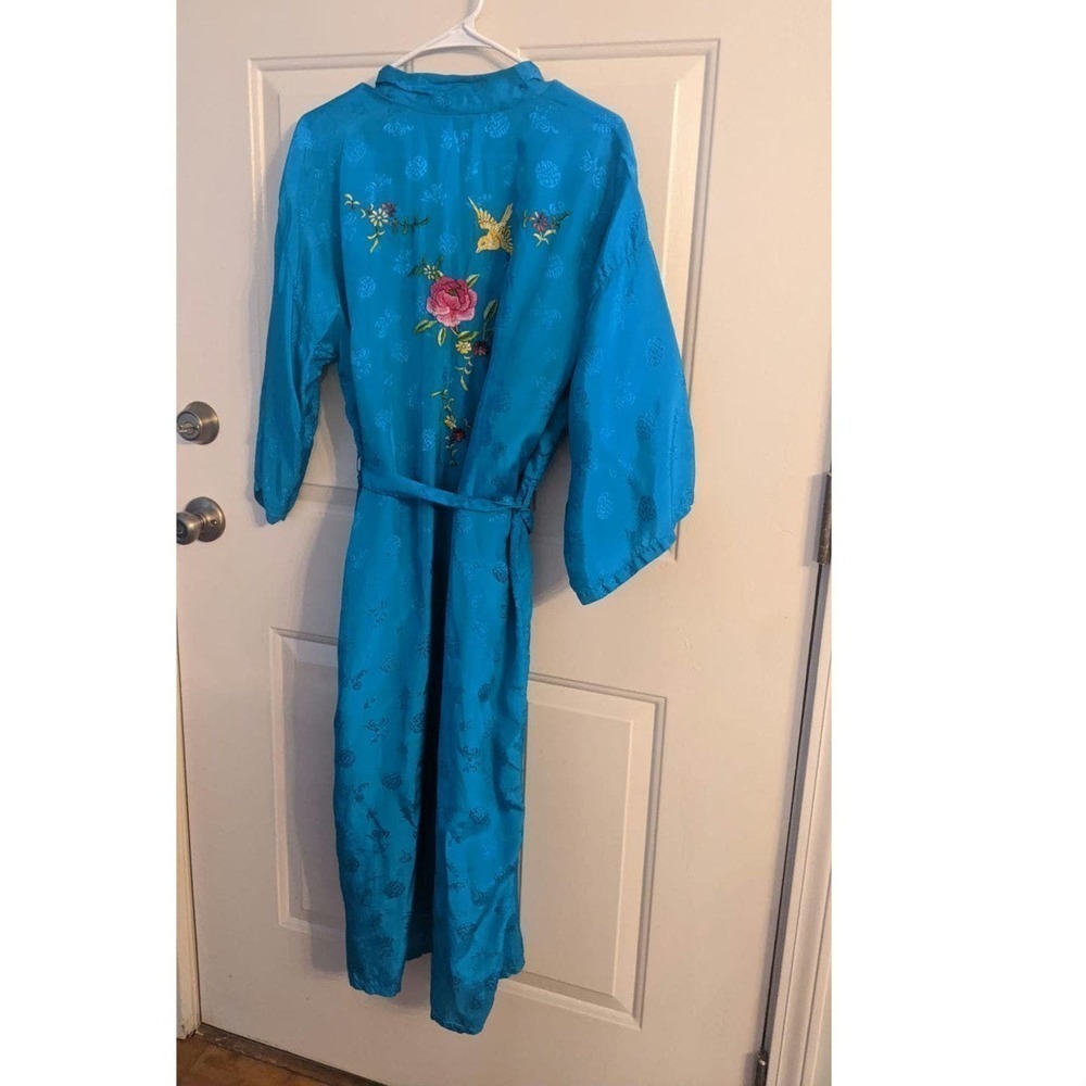 Vintage Golden Bee Asian Turquoise Robe with Belt, Rayon, Small